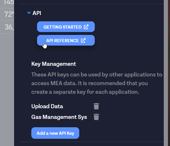 API documentation page showing Getting Started and API Reference links with Key Management section