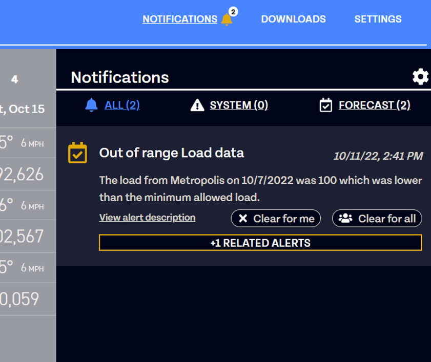 Notifications panel showing out of range load data alert with clear options