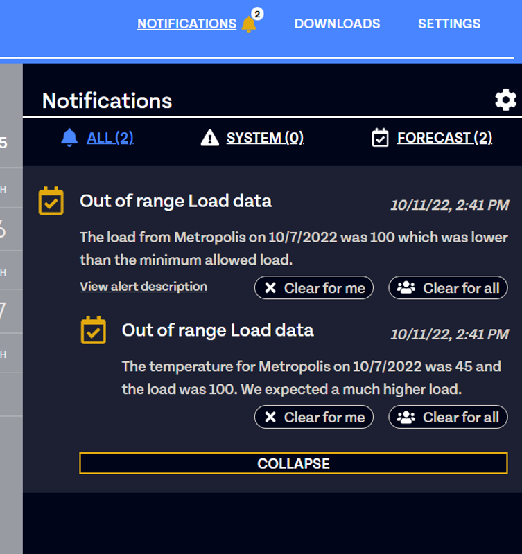 Notifications panel showing two out-of-range load data alerts from Metropolis with clear options