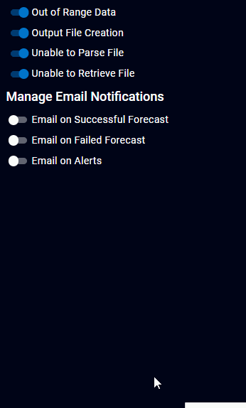 Email notification settings with toggles for forecast and alert options
